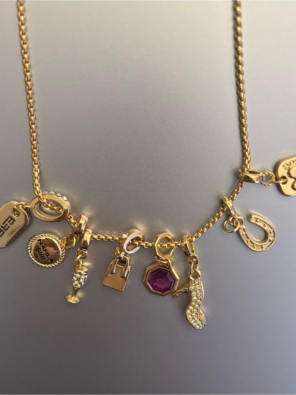Effy Gold Charm Necklace with Purple Octagon Stone and Pavé Charms